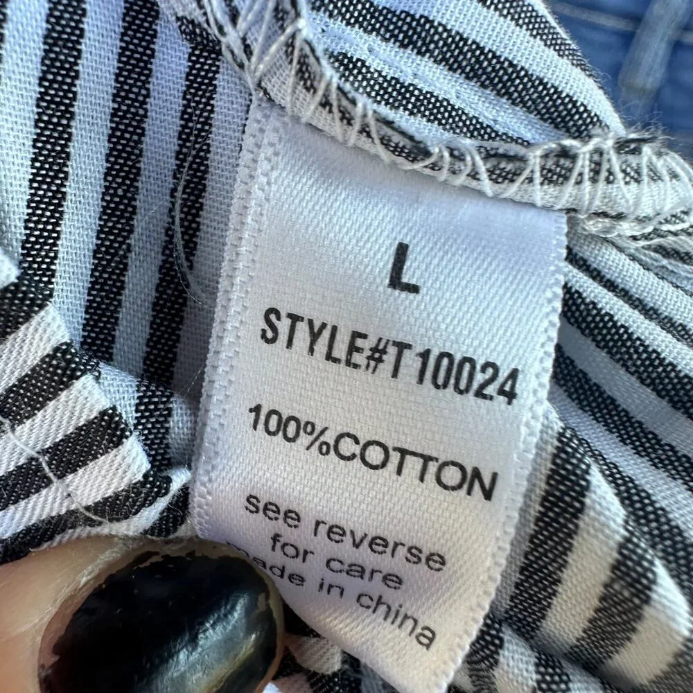 Blue & White Striped Off-The-Shoulder Blouse With Button Front & Tie Hem - Picture 2 of 9